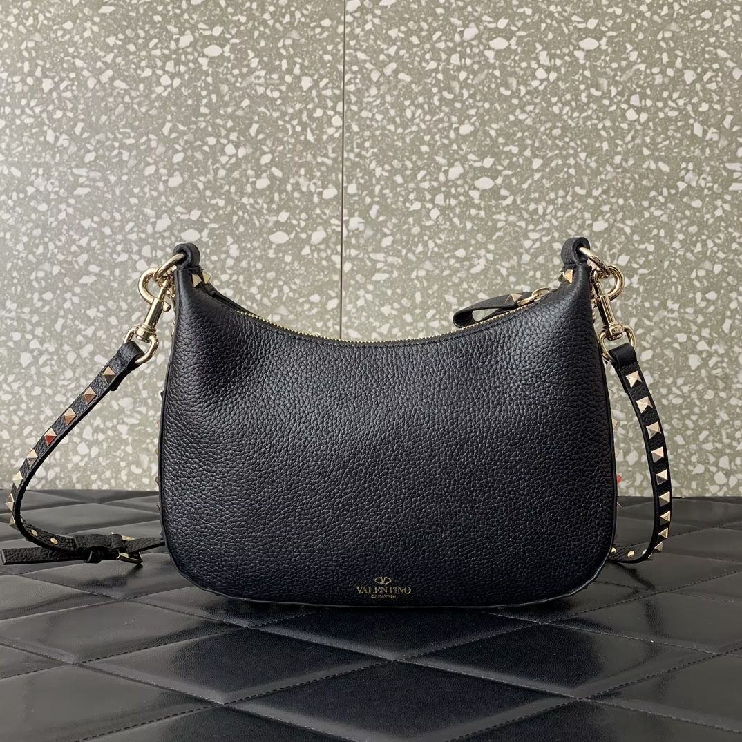 Valentino Garavani Rockstud Small Hobo Bag in Black Grainy Calfskin